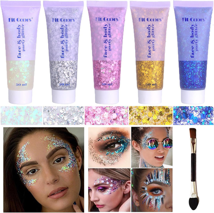 Body Glitter Face Glitter Gel: Singer Concerts Disco Festival Rave Accessories Face Glitter Makeup 150Ml Chunky Sequins Mermaid Face Body Hair Glitter Gel (White&Silver&Pink)