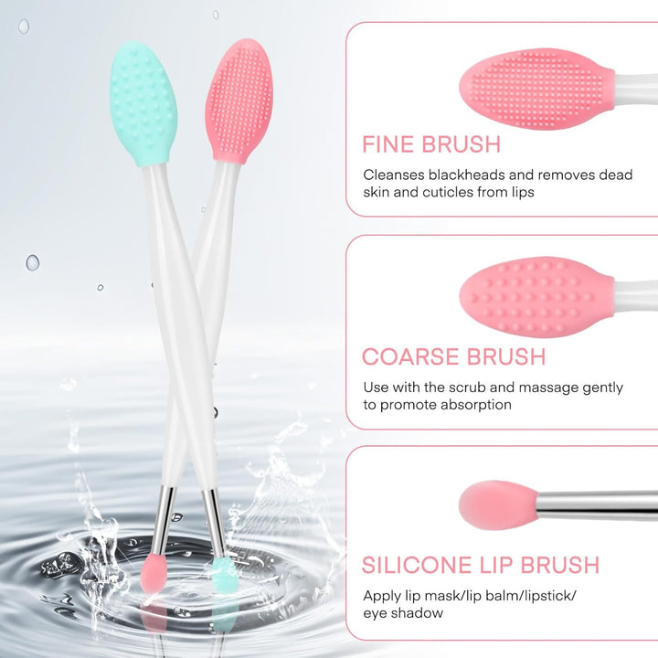 Lip Scrub Brush - 2 PCS Dual-Ended Lip Scrubber Exfoliator and Silicone Lip Brush, 3-In-1 Silicone Lip Scrub Tool Lip Mask Applicator, Gentle Exfoliator & Applicator for Soft