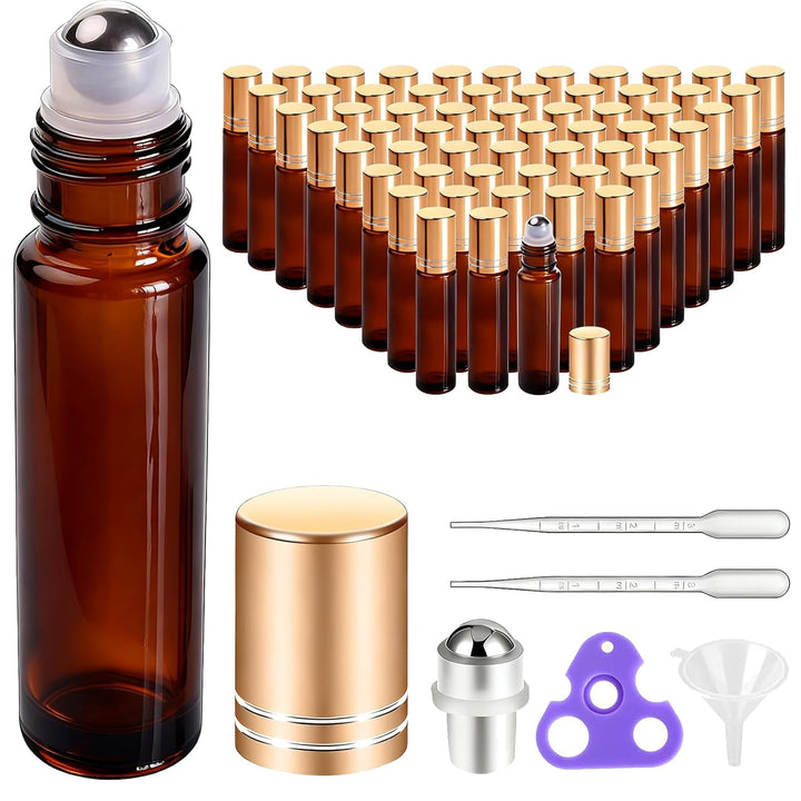 4 Pack, 10 Ml Essential Oil Roller Bottles with Stainless Steel Roller Ball - Refillable Leak-Proof Empty Thick Amber Glass Roll on Bottles with Metal Caps for Travel, Perfume