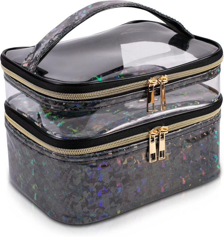 Double-Layer Cosmetic Bag Makeup Bag Travel Makeup Bag Makeup Bags for Women Cosmetics Cases Portable Waterproof Foldable (Leopard)