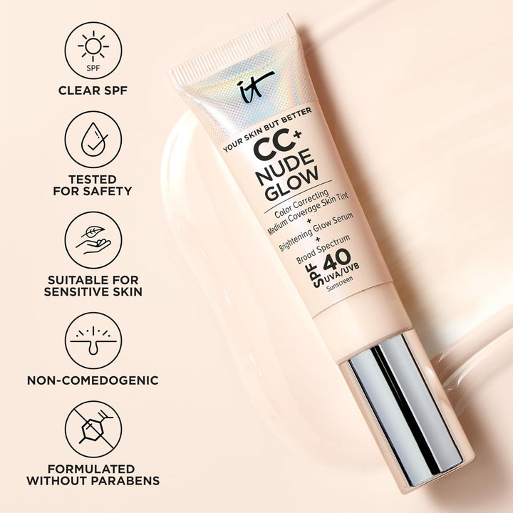 CC+ Nude Glow - Medium Coverage Foundation with SPF 40 & Brightening Glow Serum, Lightweight Skin Tint, 2% Niacinamide + Hyaluronic Acid, up to 24H Hydration, Normal/Dry Skin - 1.08 Fl Oz
