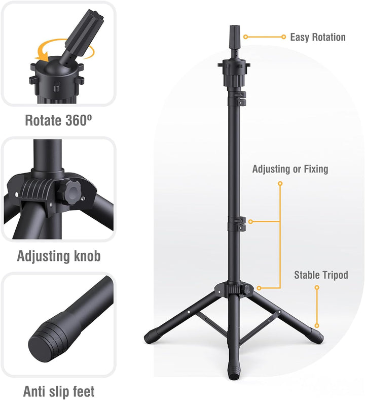 Reinforced Wig Stand with Mannequin Head - Adjustable Wig Head Stand with Head for Wigs - Manikin Head Set for Cosmetology, Black