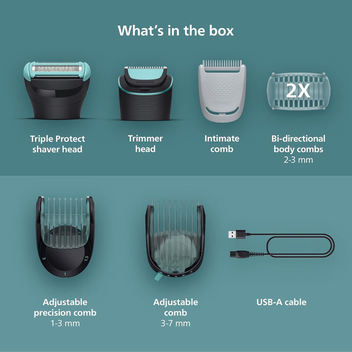 Body Groomer 5000 Series, Intimate Hair Trimmer & Shaver for Men with Dual 100% Showerproof Full Body Shave & Trim Heads and Two Bi-Directional Body Hair Combs, BG5495/50