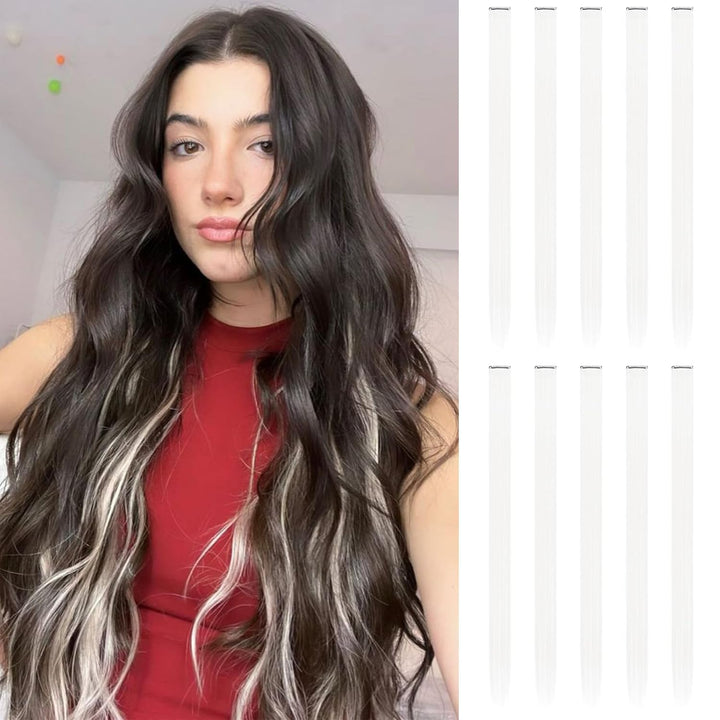 Colored Clip in Hair Extensions - 10 PCS Skyblue Light Blue Highlighted Hair Piece Straight Synthetic Clip in Hairpieces for Women 22 Inch