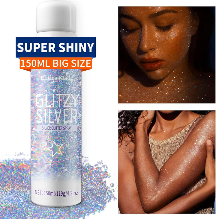 Hair Glitter Body Glitter Spray, 150ML Glitter Hairspray Holographic Silver Glitter Spray for Hair and Body, Hair Glitter for Kids Women, Body Shimmer Festival Makeup 4.2 Fl Oz