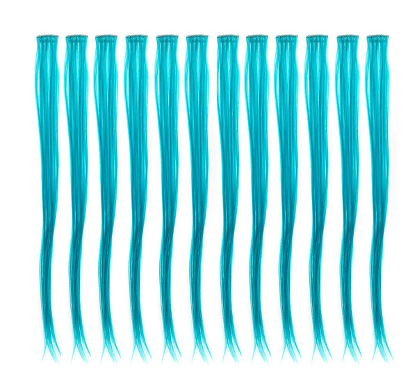 12 Pcs Straight One Color Party Highlights Clip on in Hair Extensions Colored Hair Streak Synthetic Hairpieces (Teal Blue)