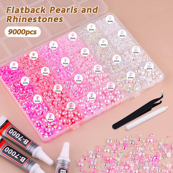 9000PCS Flatback Pearls and Pink Rhinestones for Bedazzling Kit, Pink White 3-10Mm Resin Rhinestones Gems and Half Pearls for Crafting, Nail Art and Grad Cap Decor with B7000 Jewelry Glue