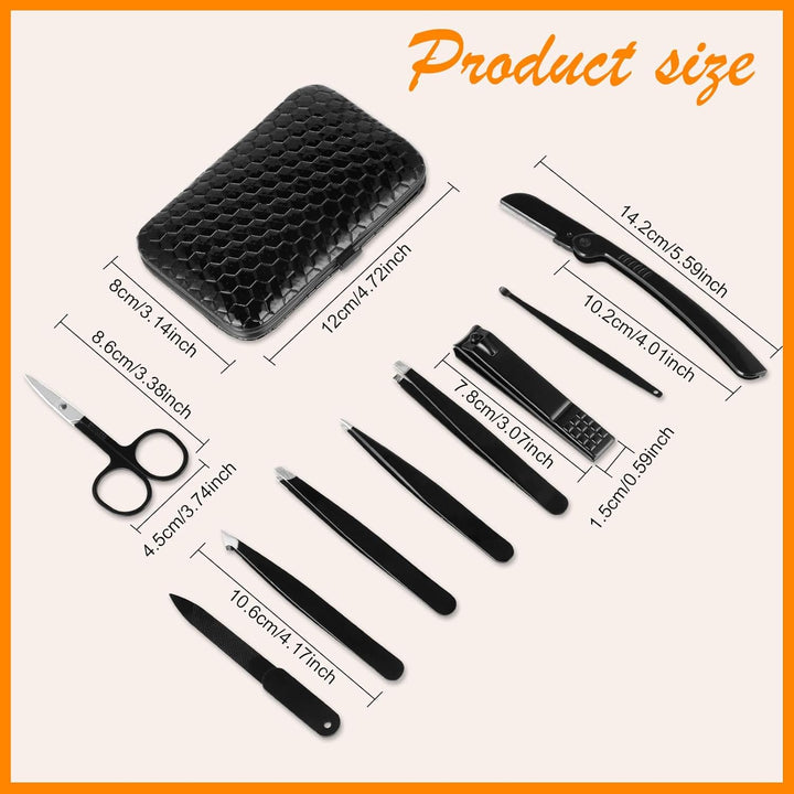 Tweezers Set,9 Pcs Professional Stainless Steel Tweezer Kit-Great Precision Eyebrow Tweezers for Ingrown Facial Hair with Leather Travel Case as Stocking Stuffing Gifts