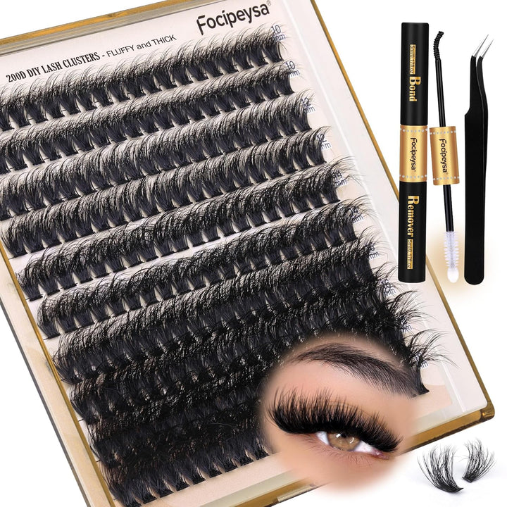 Lash Extension Kit Thick Eyelash Extension Kit 10-18Mm Fluffy Lash Clusters 200D Individual Eyelashes Kit with Lash Bond, Lash Remover, Lash Applicator, DIY Lashes Extension