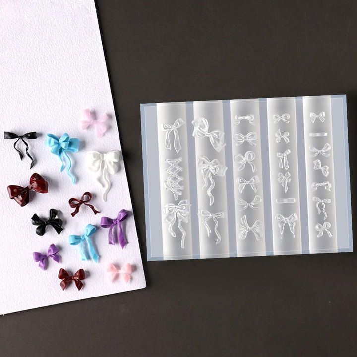 Bowknot Silicone Nail Molds, 3D Gel Nail Art Sculpture Bow Mold DIY Bow Charms for Nails Design Silicone Molds Cute Bows Nail Template Stencils Reusable Manicure Carved Mould Resin Mold