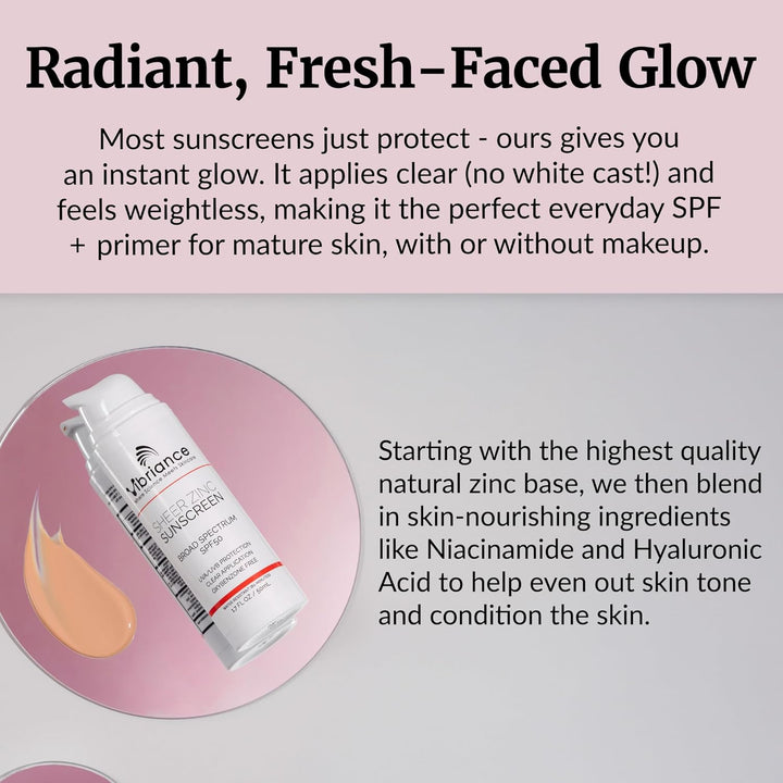 Sheer Zinc Sunscreen - Tinted Sunscreen for Face SPF 50, Lightweight Facial Moisturizer with Niacinamide, Hyaluronic Acid - 1.7 Fl Oz
