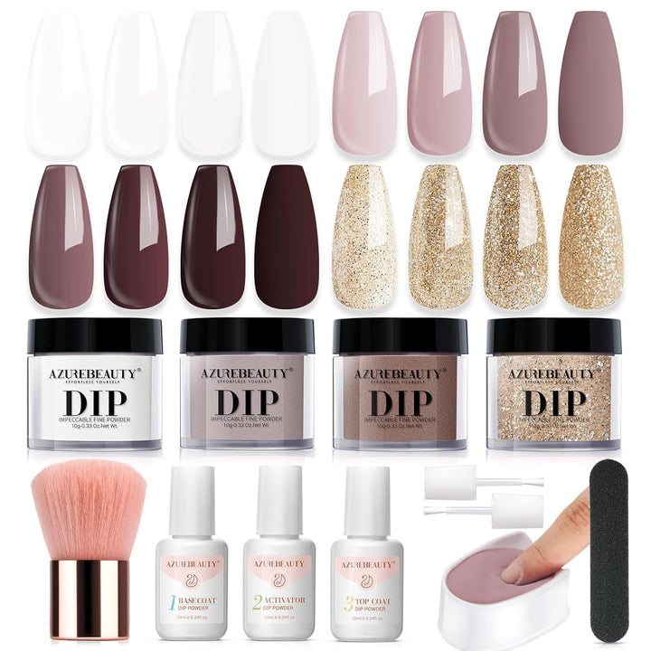 Dip Powder Nail Kit,4 Colors Nude Pink Glitter Hues,Starter Set for French Nails & All Seasons,Includes Base Coat, Top Coat, Activator & DIY Salon Liquids