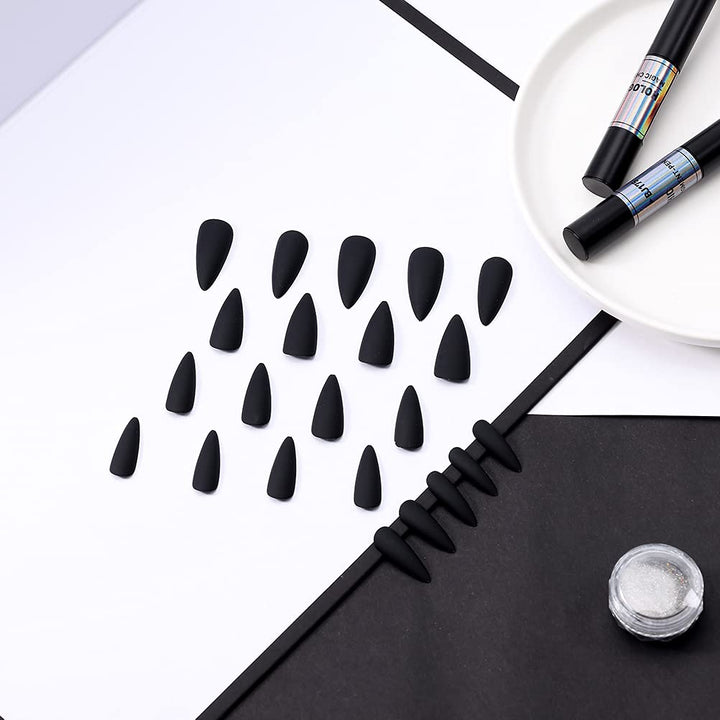 24Pcs Fake Nails Matte Pure Color Medium Long Stiletto Almond Press on Nail False Tips Artificial Finger Manicure for Women (Black)