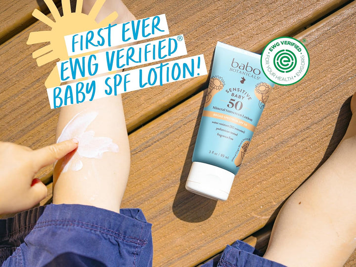 Babo Botanicals Sensitive Baby Mineral Sunscreen Lotion SPF50 - Natural Zinc Oxide - Face & Body - Fragrance-Free - Water-Resistant - EWG Verified - Vegan - Extra Sensitive Skin - for Babies & Kids