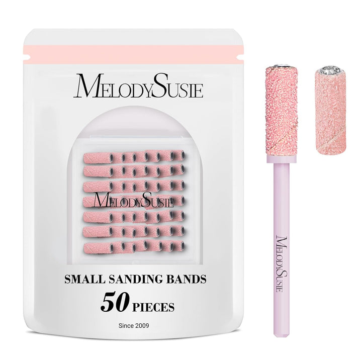 50 Pcs Nail Drill Bits Small Sanding Bands with 3.1Mm Mandrel Bit, 180 Fine Grit Nail File for Acrylic Nails Gel Manicures and Pedicure, Pink