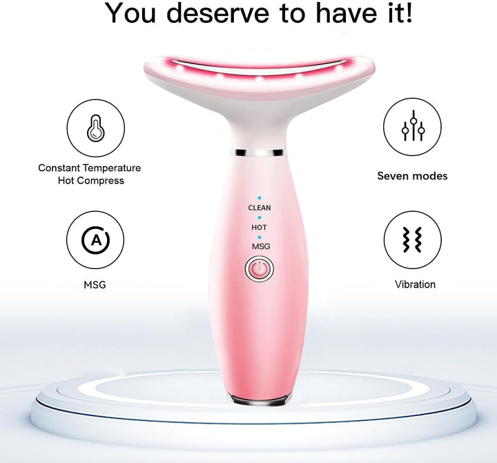 Face Massager -7 Color Red-Light-Therapy for Face and Neck for Wrinkles, Double Chin, Vibrating Facial Massager with Thermals (Pink)