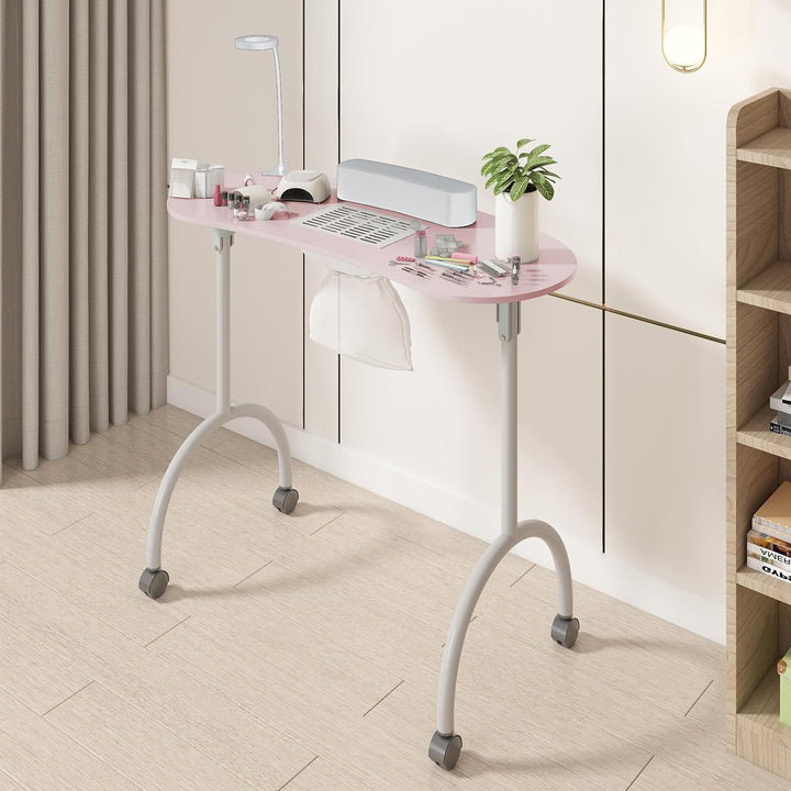 Portable Manicure Nail Table, Foldable Manicure Table with Dust Collector Fan, LED Lamp, 4 Lockable Wheels and Carry Bag, Professional Nail Desk with Wrist Cushion (Pink)