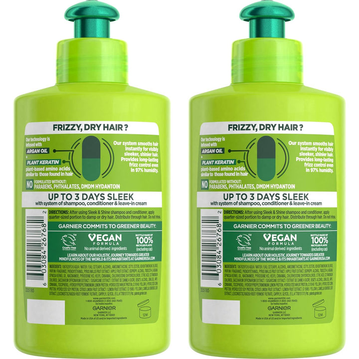 Fructis Sleek & Shine Leave-In Conditioning Cream for Frizzy, Dry Hair, Plant Keratin + Argan Oil, 10.2 Fl Oz, 2 Count (Packaging May Vary)