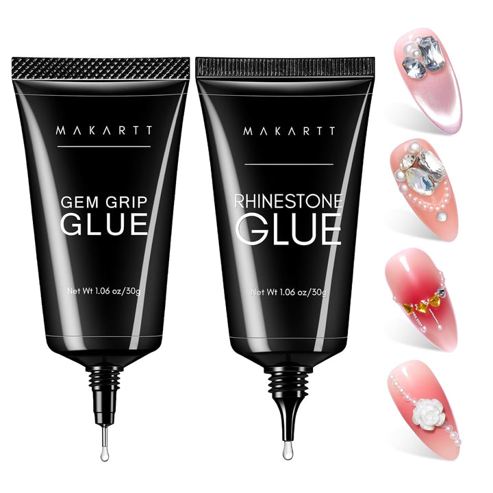 Nail Rhinestone Glue Set - Gel Nail Glue for Rhinestones, 3D Art Design Super Strong Adhesive for Charm Gems Jewel Crystal Beads Diamonds, 15Ml & 8Ml, Easy Use, Cured Need