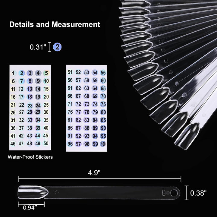 100 Ps Fan-Shaped Nail Swatch Sticks with Number Stickers, Nail Practice Sticks, Color Display Wheel, Sample Tips(Transparent)
