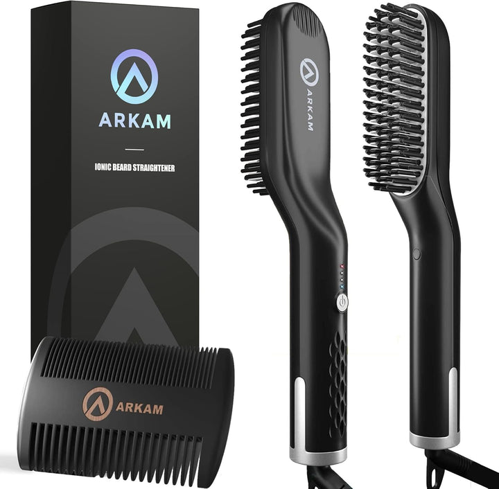 Beard Straightener for Men -Premium Heated Beard Brush Kit W/Anti-Scald Feature, Dual Action Hair Comb and Hard Shell Travel Case for Medium to Long Beards - Costume and Grooming Gifts for Men