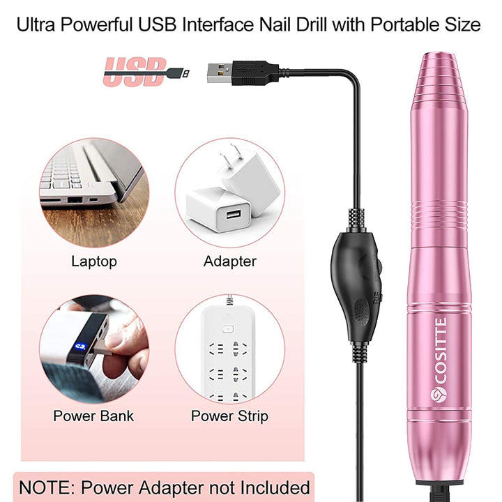 Electric Nail Drill,Usb Electric Nail Drill Machine for Acrylic Nail Kit,Portable Electric Nail File Polishing Tool Manicure Pedicure Kit Efile Nail Supplies for Home Salon,Pink