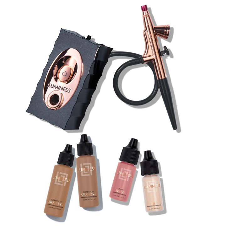 Air Icon Makeup Airbrush System and 4-Piece Foundation Starter Kit, Medium Coverage - Quick, Easy & Long Lasting Application - Includes Silk 4-In-1 Foundation, Highlighter & Blush