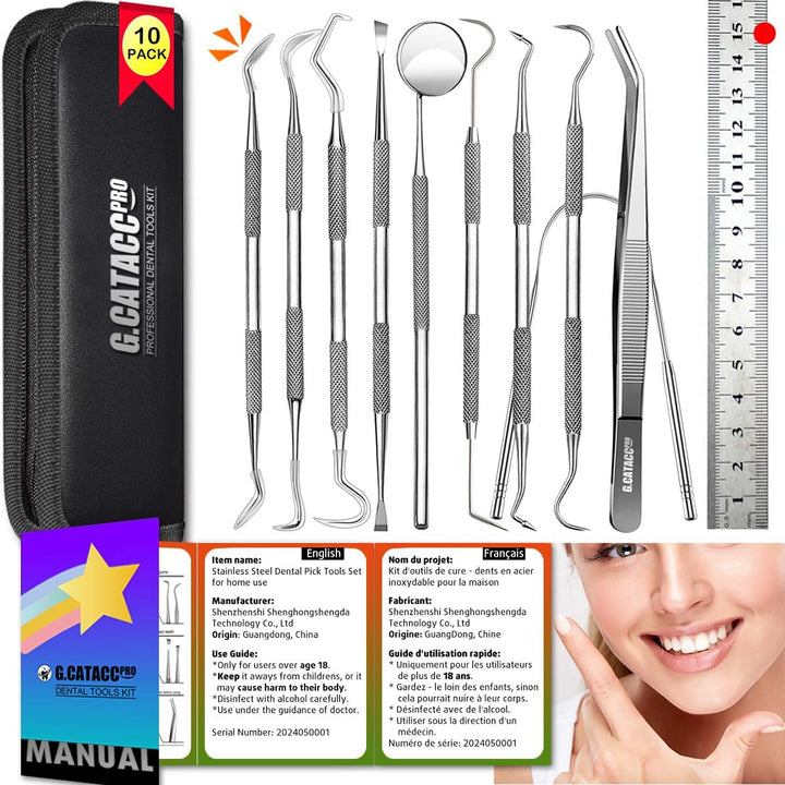10 Pack Dental Tools, Professional Plaque Remover for Teeth Cleaning Tools Set, Stainless Steel Hygiene Kit with Dental Pick Tooth Scraper Plaque Tartar Remover Tongue Cleaner - with Case