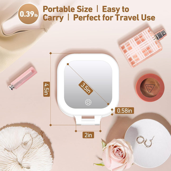 Travel Mirror with Light, 1X/30X Magnifying Mirror with 3 Color Lights and Adjustable Brightness, 4.5X3.9 Inch Small Compact Hangable Hand Pocket 3 Way Mirrors, Comes with Tweezer