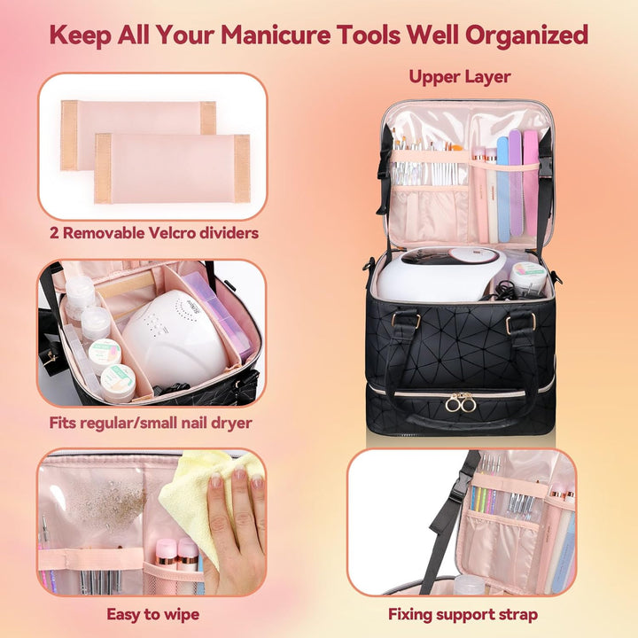 Nail Polish Organizer Bag Holds 84 Bottles (15Ml/0.5Fl.Oz)& Nail Lamp, 3 Layers Detachable Nail Kit Storage Case PU Leather, Large Travel Nail Supplies Shoulder Bag for Manicure Tools (Black)