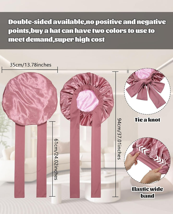 Satin Bonnet for Sleeping Cap Double Layer Hair Bonnet with Elastic Tie Band for Curly Hair Night Cap (Bean Paste + Pink)