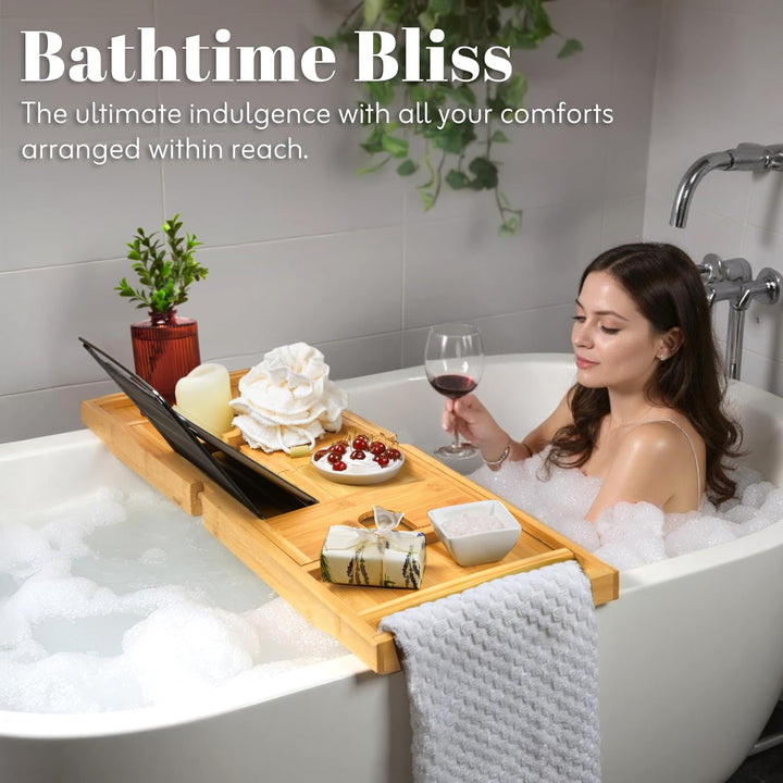 Premium Foldable Bathtub Tray - Bamboo Waterproof Bath Tray for Tub Caddy - Wooden Holder for Wine, Book, Soap, Phone, Luxury Gift for Men & Women - Expandable, Fits Most Tubs in Bathroom