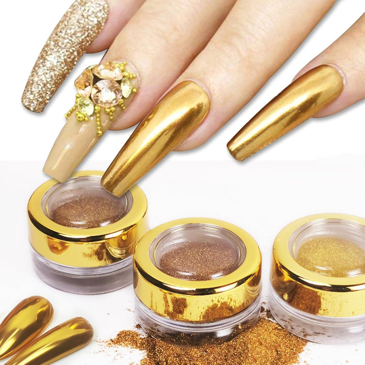 Holographic Mirror Gold Nail Chrome Powder Effect Metallic Dust Sequins UV Gel Gold Chrome Nail Powder Pigment for Nail Art Decoration, Gold Chrome Powder for Nails