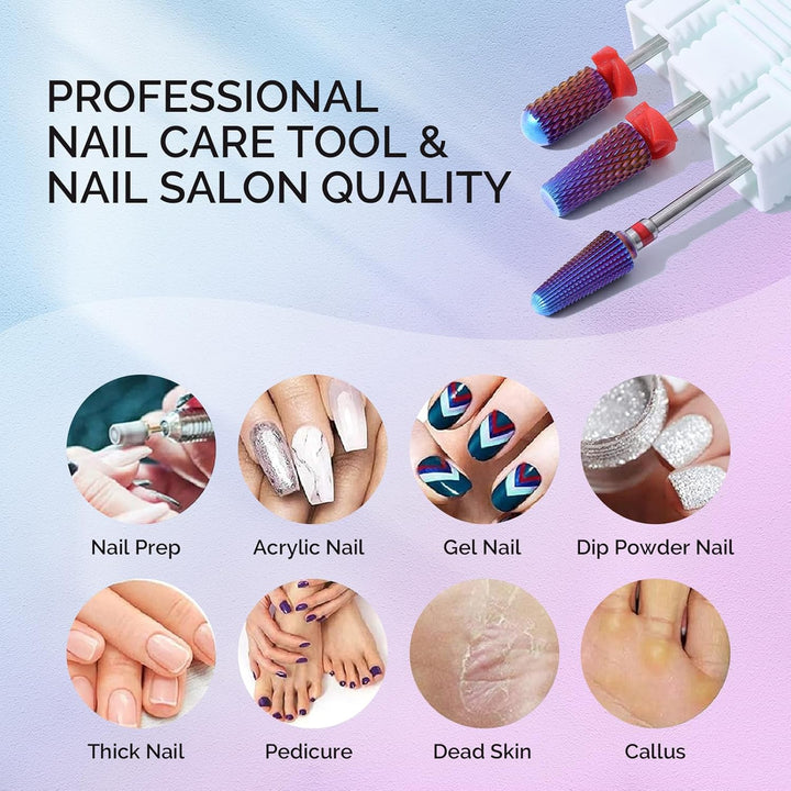 3Pcs Nail Drill Bits Set, 3/32'' Carbide Tungsten Bits, 5 in 1, Smooth round Top Large Barrel and Tornado Bits, Suitable for Manicure Pedicure Cuticle Gel Acrylic Remover, Purple
