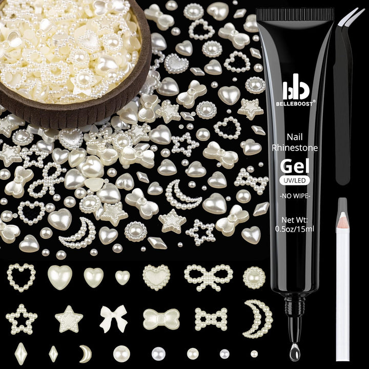 600Pcs 3D Multi Shapes Nail Charms and Flatback Pearls, White Mix Styles Heart Star Bow Sunflower Embellishments for Nail Art, Craft and Decoration with Glue Gel, Tweezer and Pickup Pencil