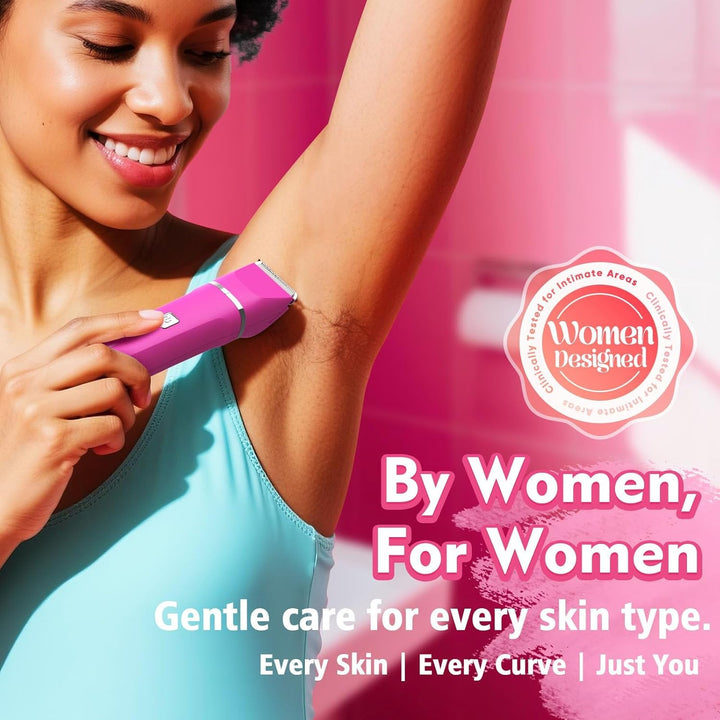 Electric Razors for Women - IPX7 Waterproof Pubic Hair Remover for Shower & Travel, 3-In-1 Bikini Trimmer with Body/Round/Curved Heads, Hypoallergenic Foil & Ceramic Blades, Self-Care Gifts for Her