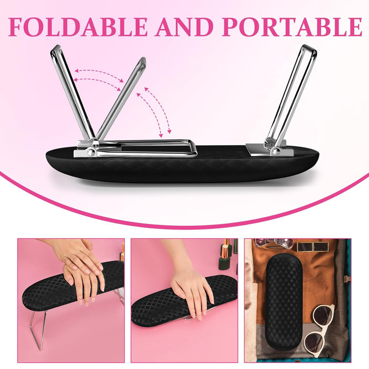 Nail Arm Rest, Foldable Leather Nail Arm Rest with Non-Slip Sleeve, Internal Sponge Filled Arm Rest Pillow with Metal Bracket, Nail Hand Rest for Home Use and Nail Salon Use (Black)