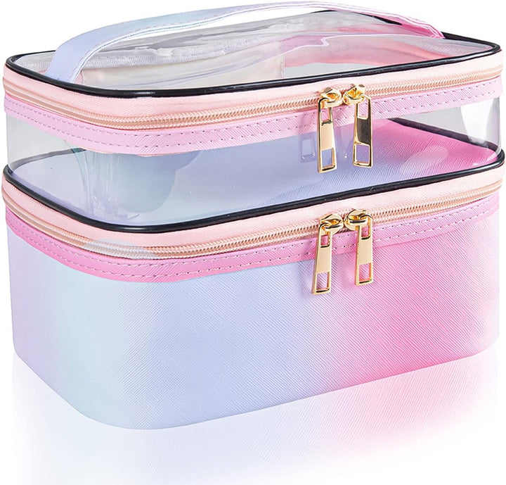 Double-Layer Cosmetic Bag Makeup Bag Travel Makeup Bag Makeup Bags for Women Cosmetics Cases Portable Waterproof Foldable (Leopard)