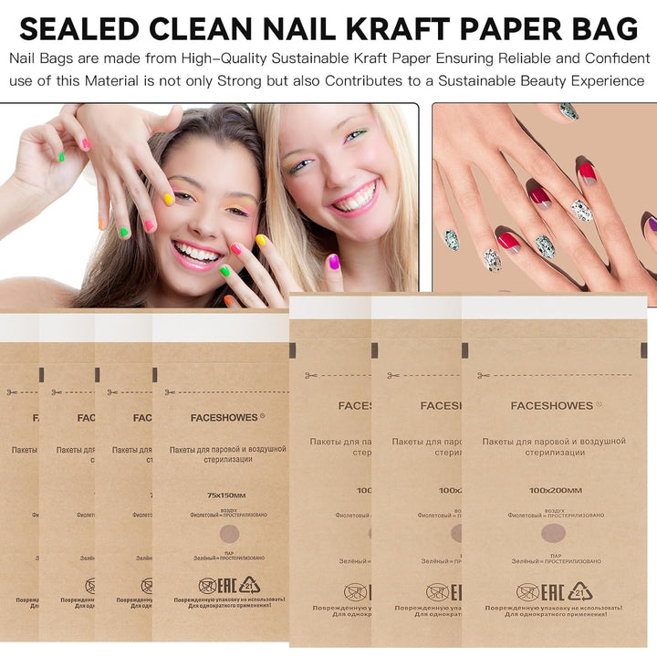 100Pcs Disposable Self-Sealing Sterilizer Pouches for Nail Tool, Dry Heat Autoclave Nail Tools Sterilizer Bags Kraft Paper Cleaning Bags for Dentist Tools and Nail Art Supplies (75Mm X 150Mm)