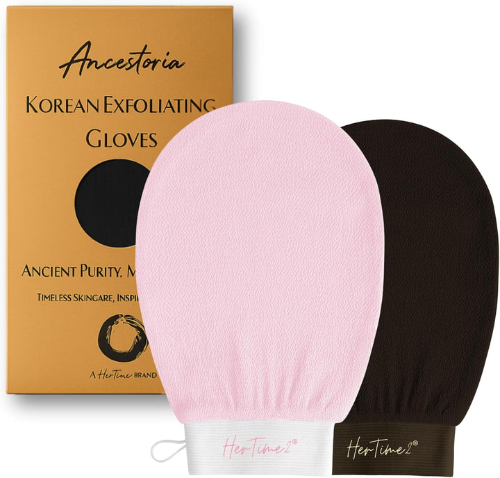 Ancestoria Korean Exfoliating Gloves for Shower, Pink and Black, 2-Pack, Deep Exfoliating Mitts for Body, Reusable and Chemical-Free, a  Brand