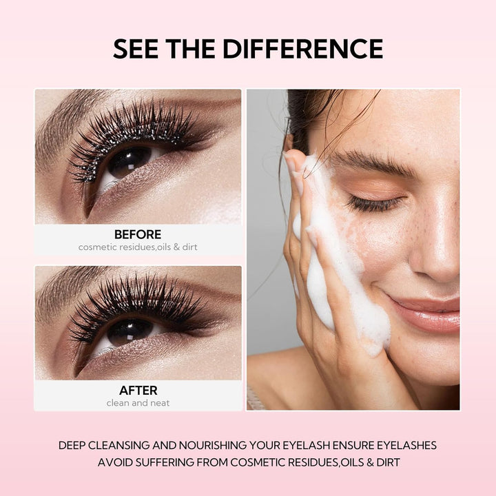 Shampoo for Lash Extensions, 60Ml+Rinse Bottle+Brushes, Eyelash Extension Cleanser, Lash Wash Bath, Lash Cleaner for Makeup Cleansing Foams, Paraben & Sulfate Free for Salon and Home Use