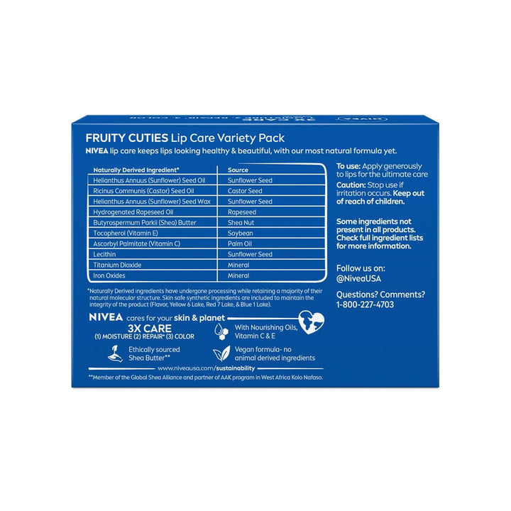 Lip Care, Fruity Tinted Lip Balm Variety Pack, Cherry, Strawberry, Blackberry and Watermelon Flavors, 3-In-1 Moisture, Repair and Color, 0.17 Oz Stick, Pack of 4