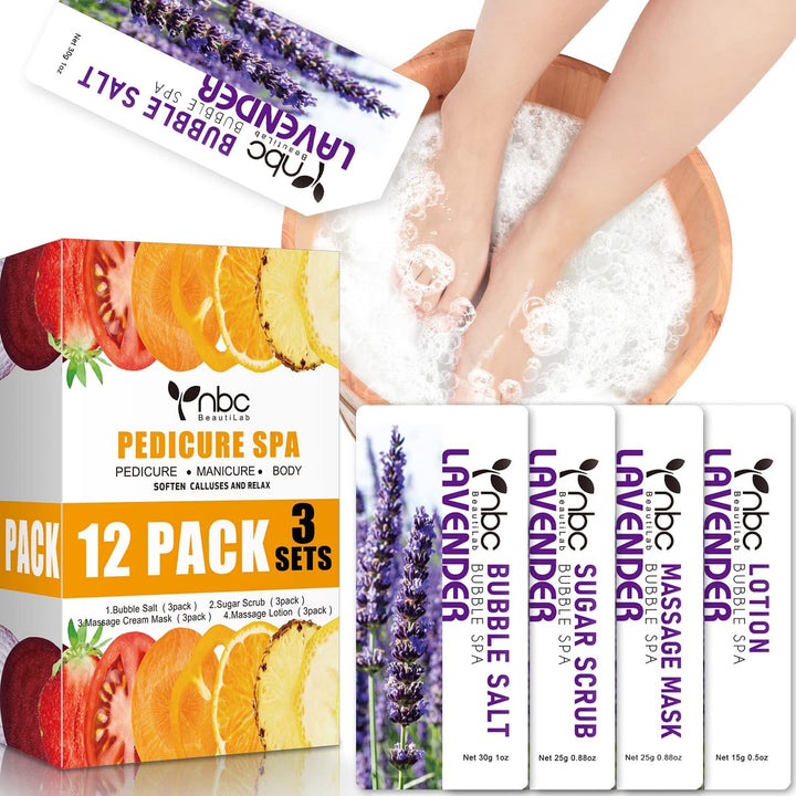 Pedicure Kit Foot Soak Set: Bubble Salt, Sugar Scrub, Massage Mask, Massage Lotion in a Box, 4 Step Foot Spa Kit for Dry Feet,Tired Feet（1 Set Lavender)