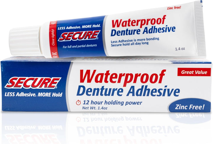 Waterproof Denture Adhesive - Zinc Free - Extra Strong Hold for Upper, Lower or Partials - 1.4 Oz