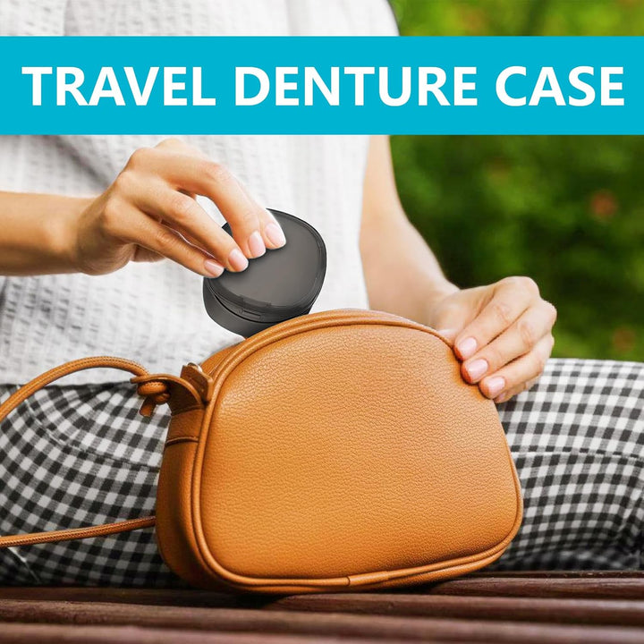 Denture Case Partial Denture Cups for Soaking Dentures, No-Leak Denture Soaking Container Retainer Cleaning Case with Brush for Household|Travel|Office - Transparent Black