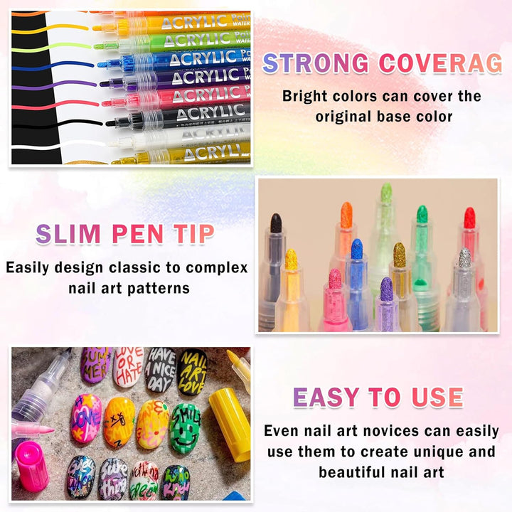 12 Colors Nail Art Pens Set Nail Polish Pens Nail Art Drawing Pen Quick Dry Waterproof Nail Art Painting Pens Kit for Home DIY Nail Art Design