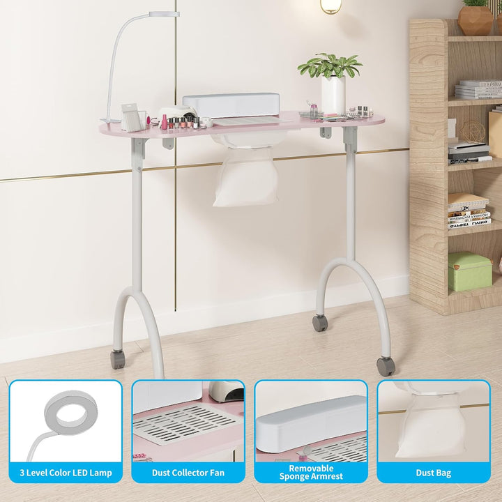 Portable Manicure Nail Table, Foldable Manicure Table with Dust Collector Fan, LED Lamp, 4 Lockable Wheels and Carry Bag, Professional Nail Desk with Wrist Cushion (Pink)