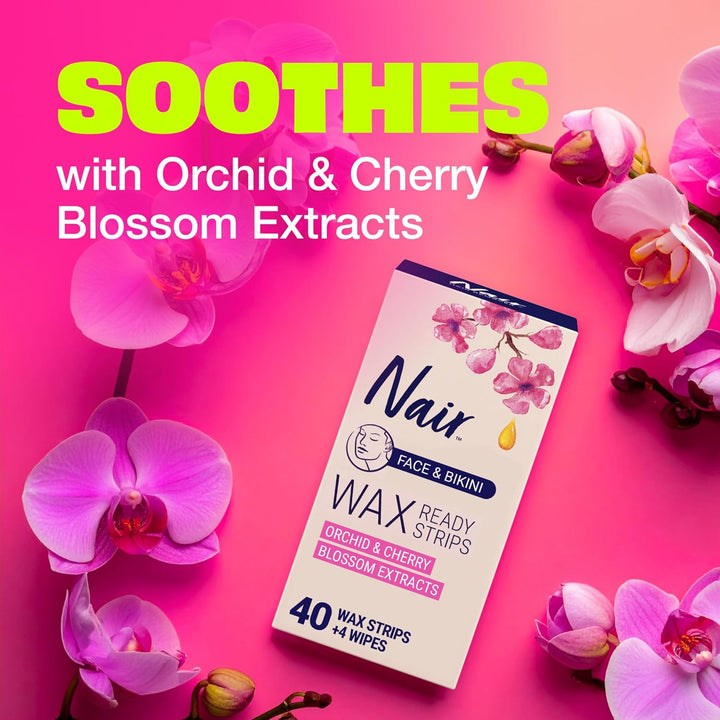 Hair Remover Wax Ready Strips, Face and Bikini Hair Removal Wax Strips, Orchid and Cherry Blossom Extracts, Dermatologist Tested, plus 4 Non-Flushable Post Wipes, 40 Count