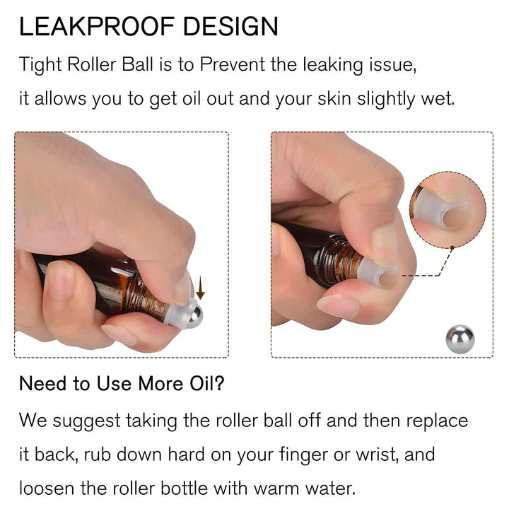 4 Pack, 10 Ml Essential Oil Roller Bottles with Stainless Steel Roller Ball - Refillable Leak-Proof Empty Thick Amber Glass Roll on Bottles with Metal Caps for Travel, Perfume