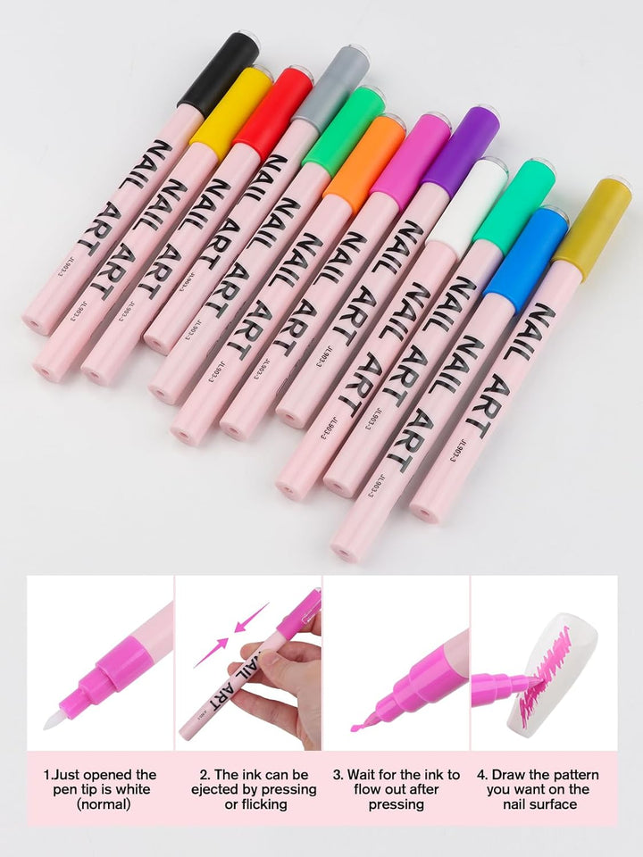 12 Colors Nail Art Pens Set, 3D 0.7MM Nail Polish Pens Quick-Drying Nail Art Acrylic Paint Nail Point Dotting Liner Pen Tools for Home & Salon Nail DIY